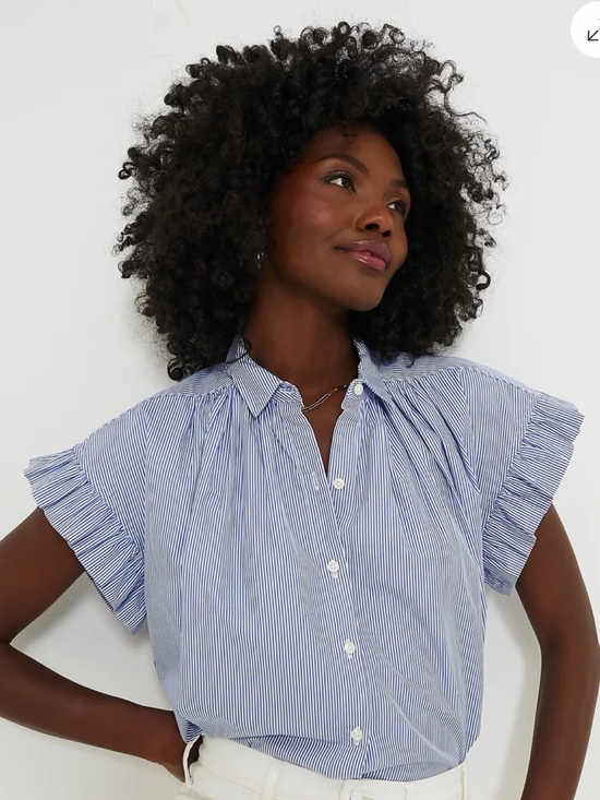 Trovata Tops - Trovata Bird of Paradis Blue & White Pinstripe Marianne B Ruffle-Sleeve Shirt